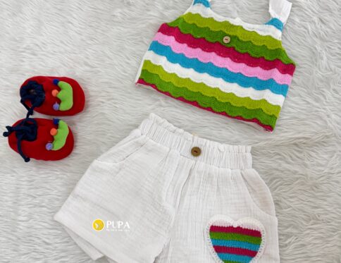 Baby Girls Summer Knitted Stripe Top & Cotton Shorts Set with Cute Heart Patch – 2 Piece muslin Outfit