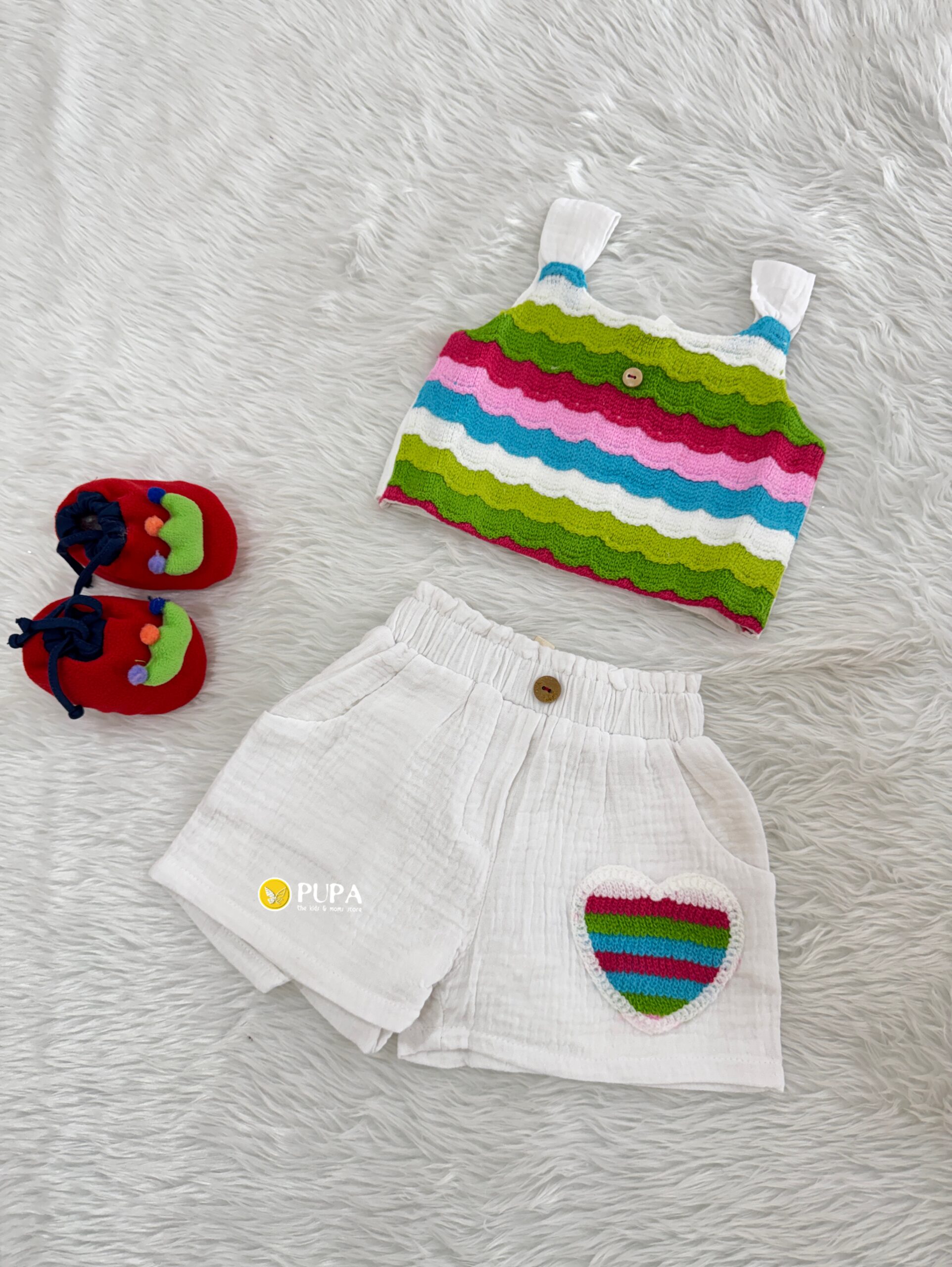 Baby Girls Summer Knitted Stripe Top & Cotton Shorts Set with Cute Heart Patch – 2 Piece muslin Outfit